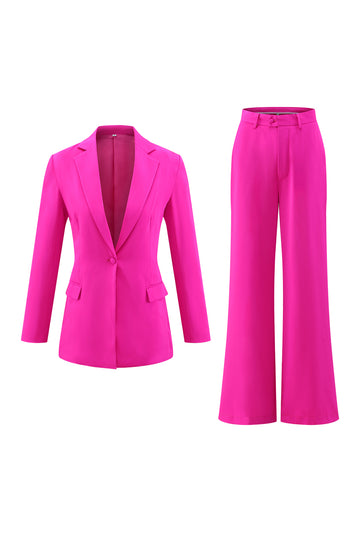 Fuchsia Notched Lapel 2 Piece Women's Work Suits with Pockets