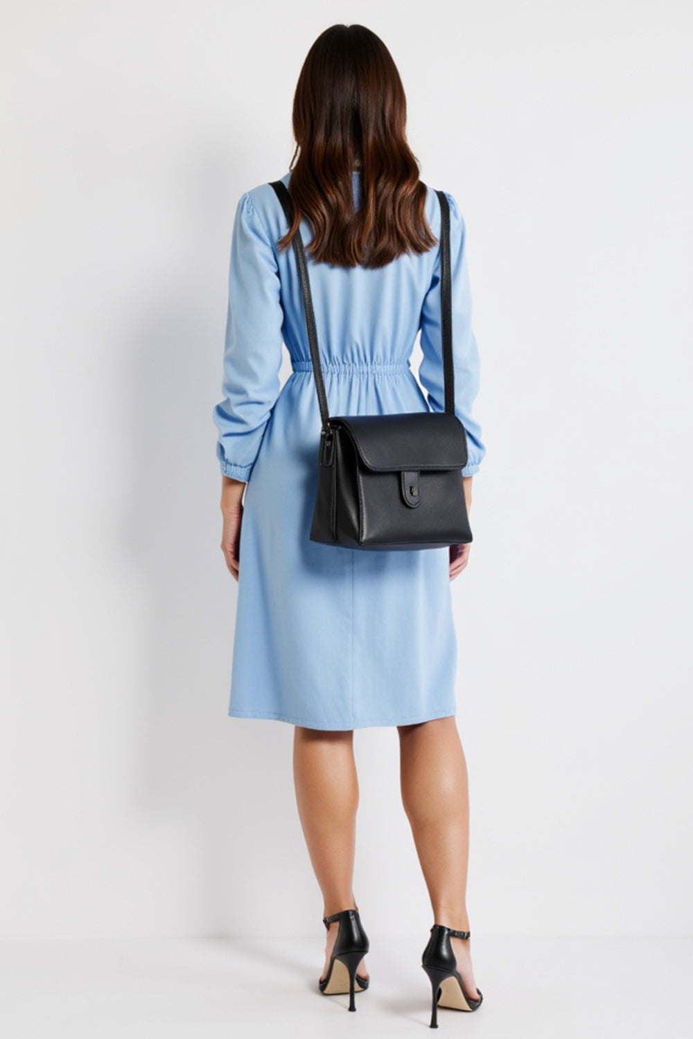 Polo Collar Blue Long Sleeves Midi Work Dress with Slit