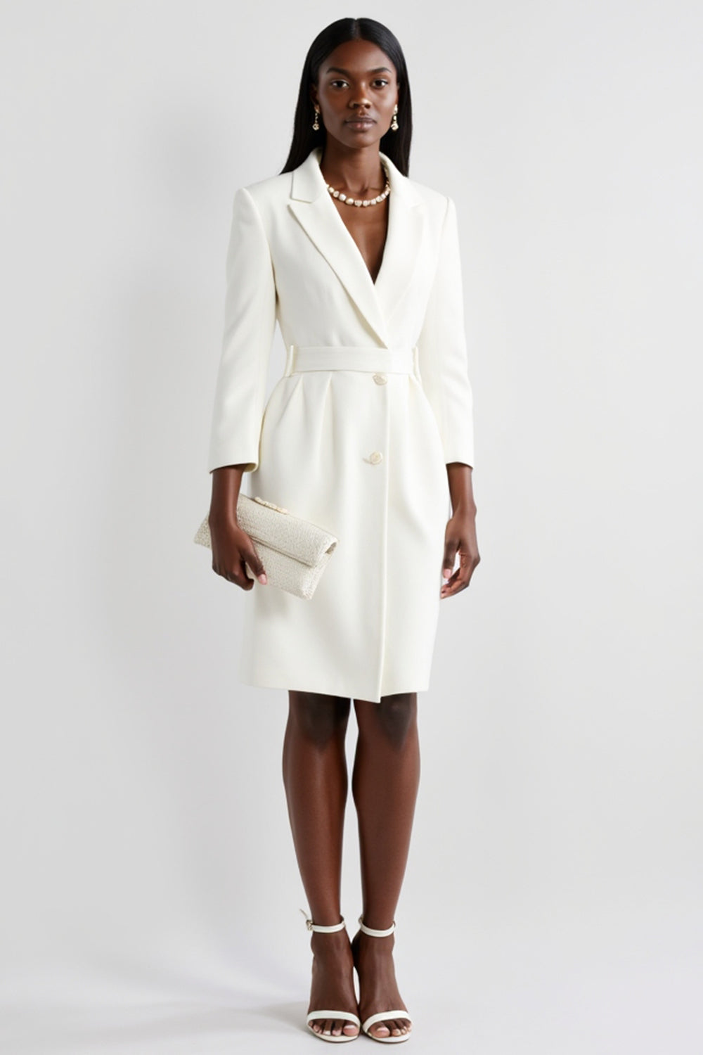 White Long Sleeves Notched Lapel Sheath Midi Work Dress with Belt