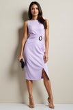 Purple Sheath Boat Neck Midi Work Dress with Belt