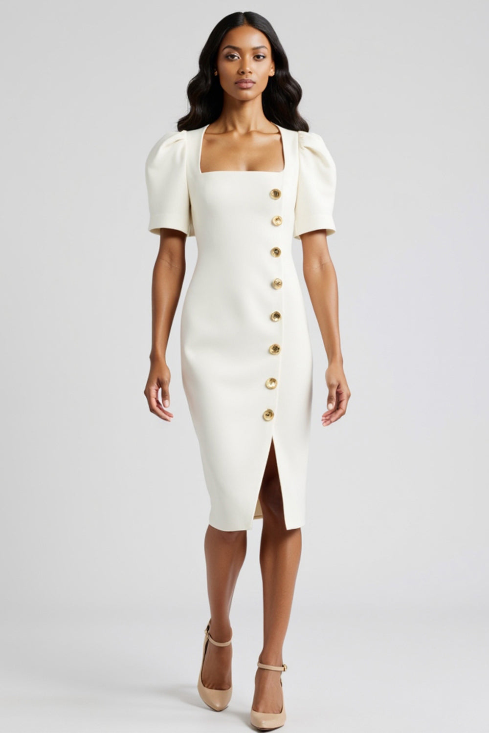 White Sheath Square Neck Long Work Dress with Buttons