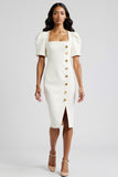 White Sheath Square Neck Long Work Dress with Buttons