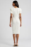 White Sheath Square Neck Long Work Dress with Buttons