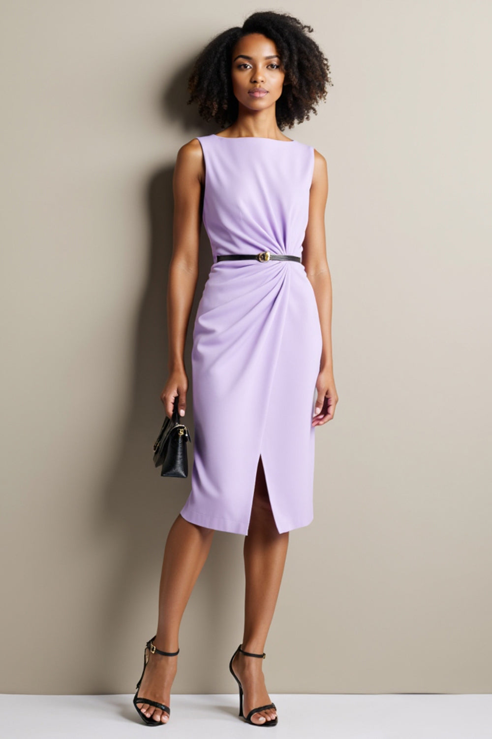 Purple Ruched Sheath Midi Work Dress with Belt