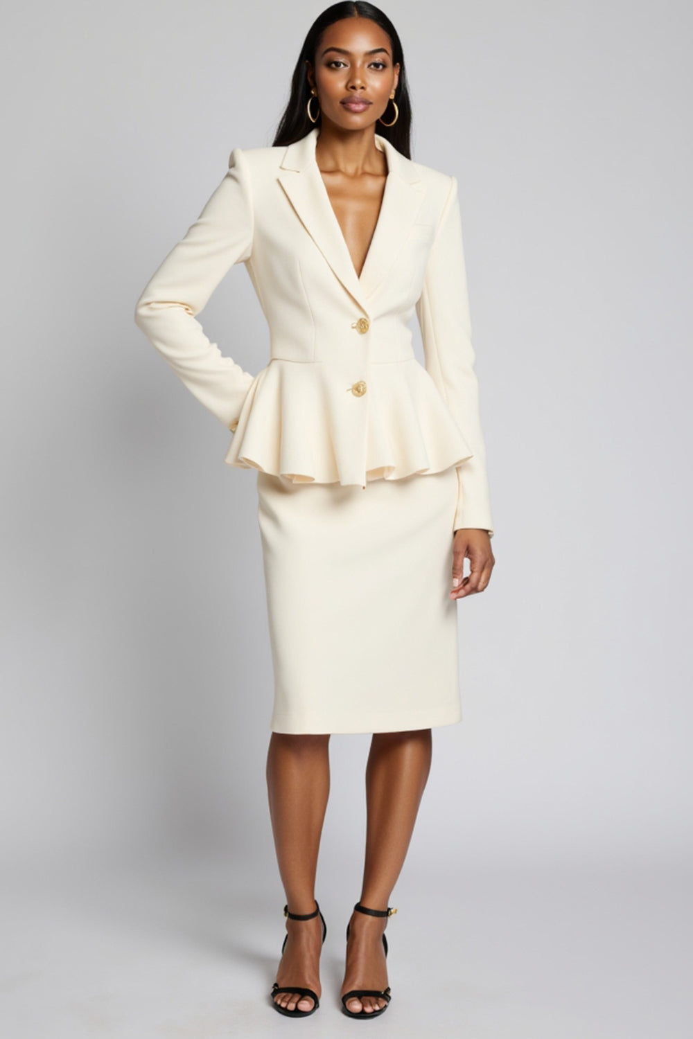 Ivory Notched Lapel Two-piece Ruffled Bodycon Midi Work Dress