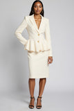 Ivory Notched Lapel Two-piece Ruffled Bodycon Midi Work Dress