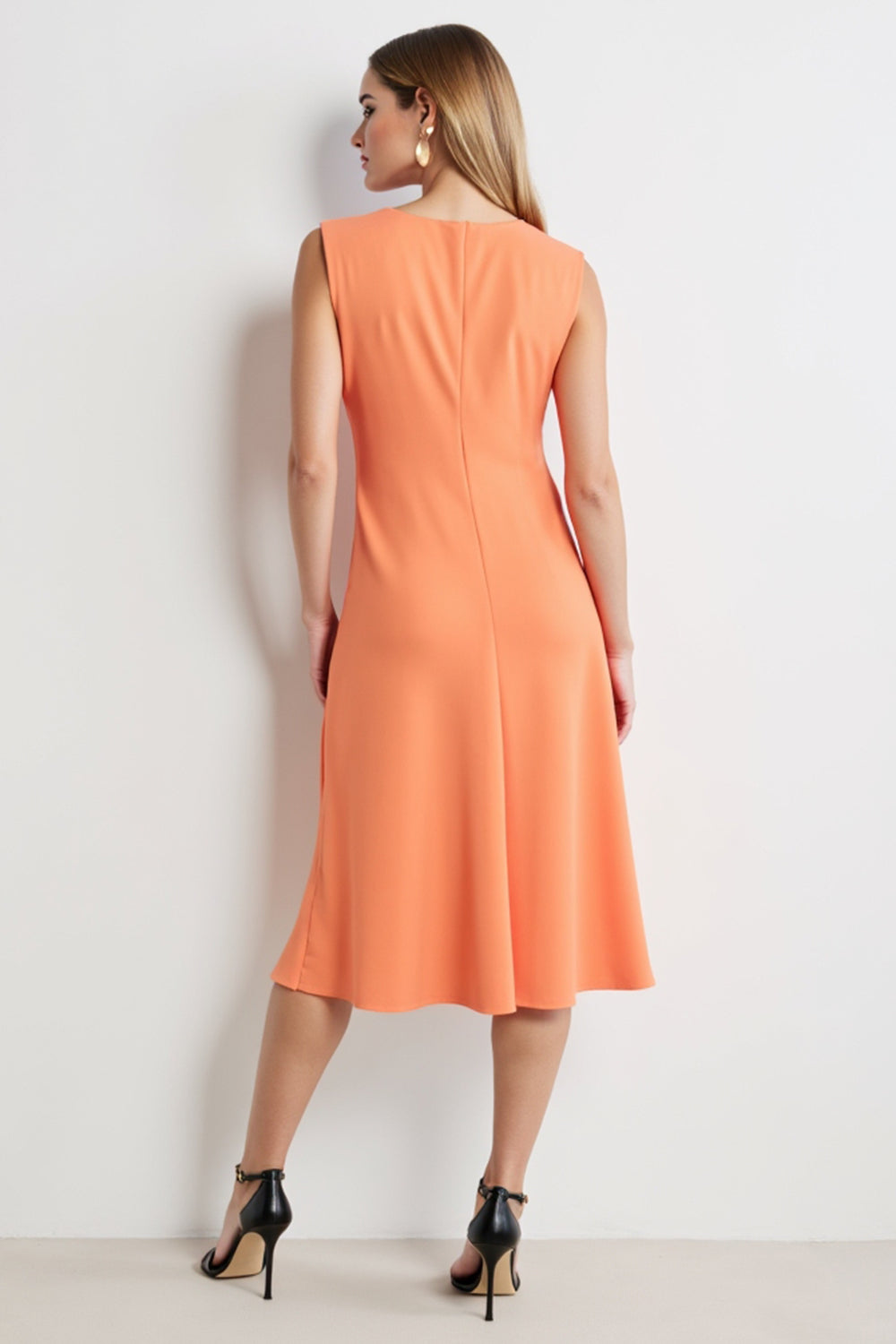 Ruched Boat Neck Orange A Line Midi Work Dress