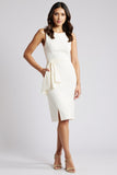 Simple White Bodycon Round Neck Midi Work Dress with Sash