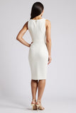 Simple White Bodycon Round Neck Midi Work Dress with Sash