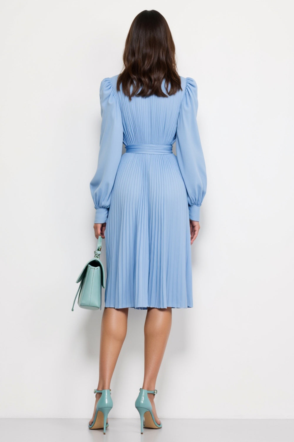 Blue V-Neck A Line Long Work Dress with Sash
