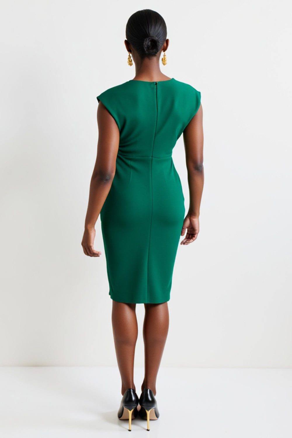 One Shoulder Ruched Green Bodycon Midi Work Dress