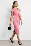 Pink Notched Lapel Bodycon Midi Work Dress with Sash