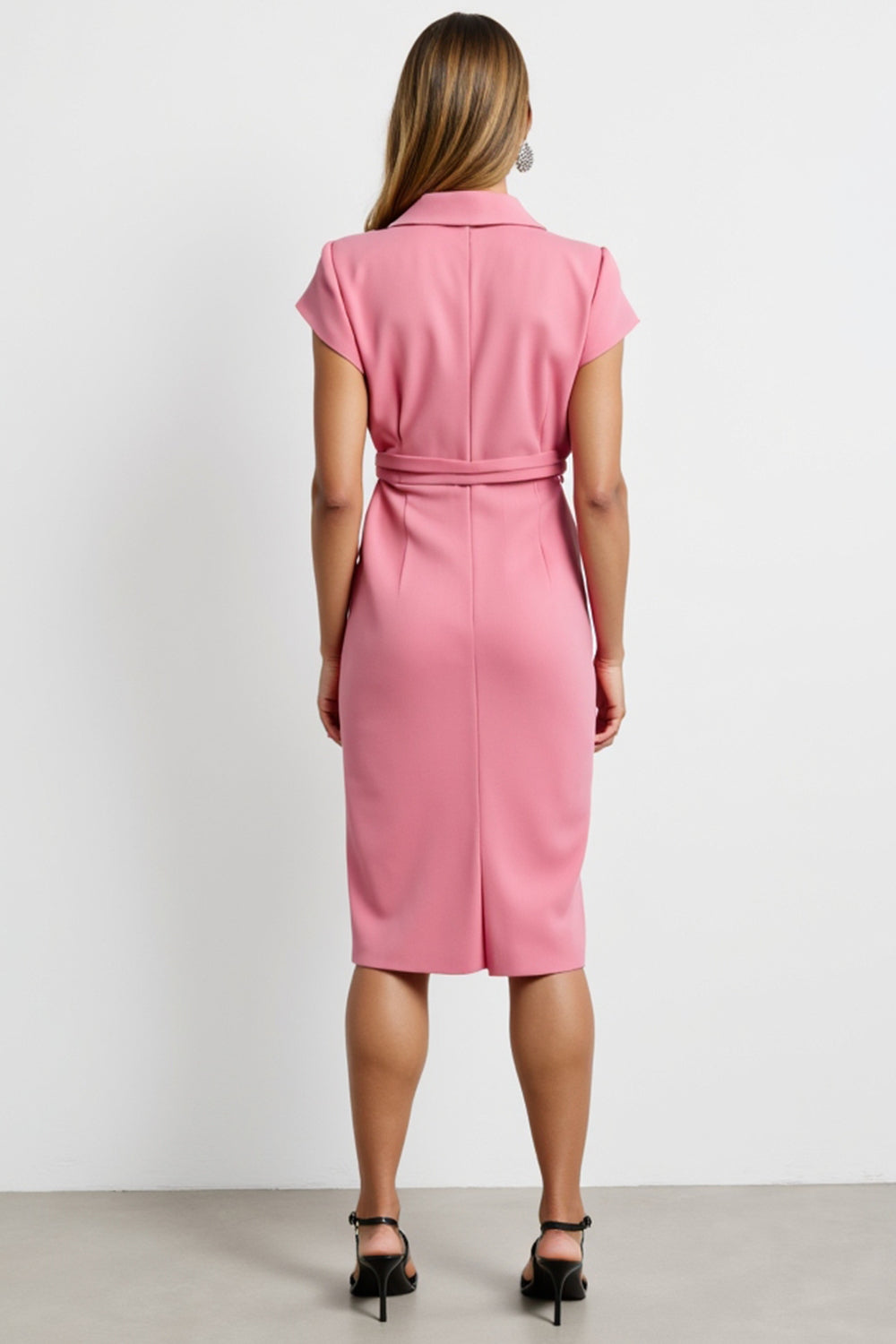 Pink Notched Lapel Bodycon Midi Work Dress with Sash