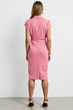 Pink Notched Lapel Bodycon Midi Work Dress with Sash