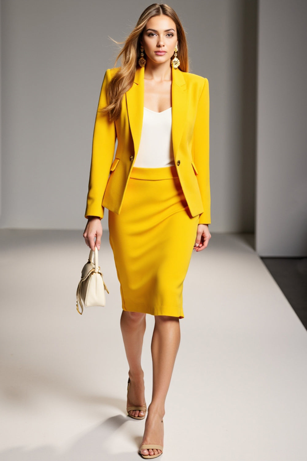 Yellow Bodycon Two-piece Notched Lapel Work Dress with Long Sleeves