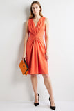 Ruched Orange V-Neck A Line Midi Work Dress