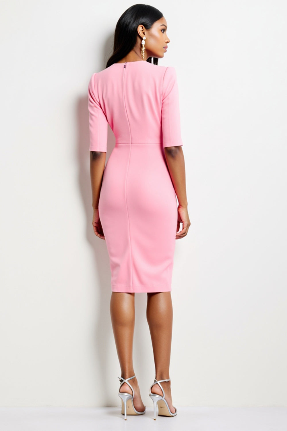 Pink V-Neck Ruched Sheath Half Sleeves Midi Work Dress