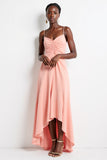 Pink Ruched A Line Spaghetti Straps High-Low Work Dress