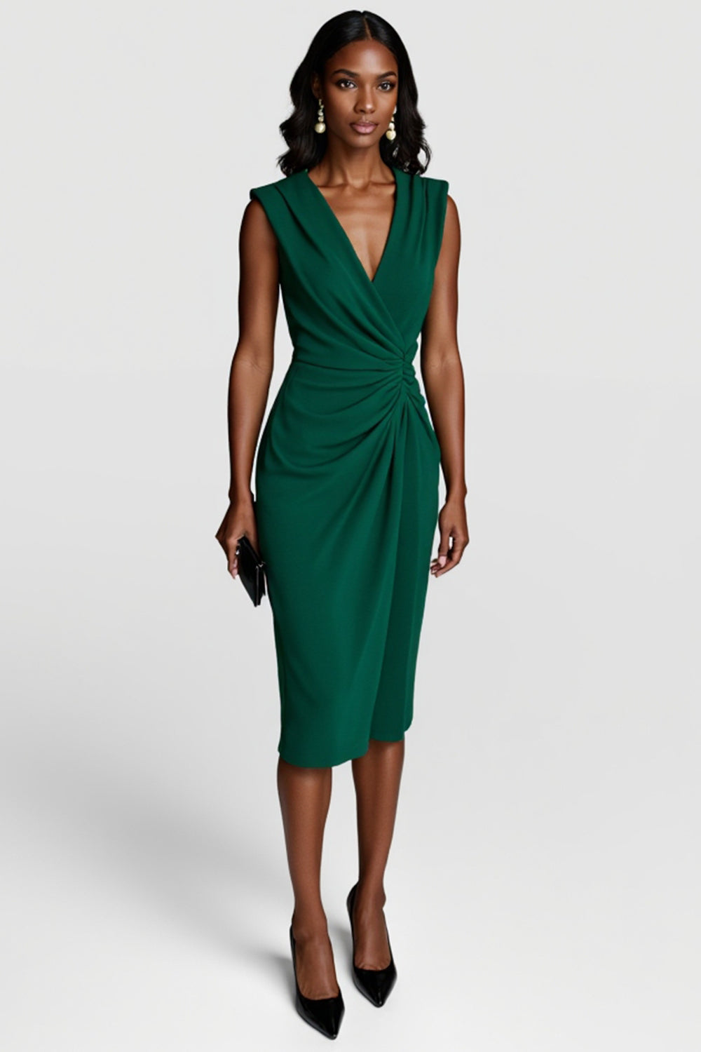 Dark Green Ruched V Neck Bodycon Midi Work Dress