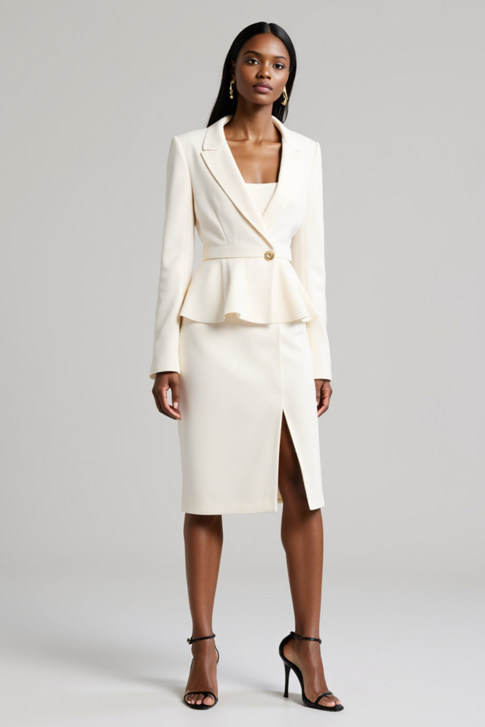 White Peak Lapel Long Sleeve 2 Piece Bodycon Midi Work Dress With Slit