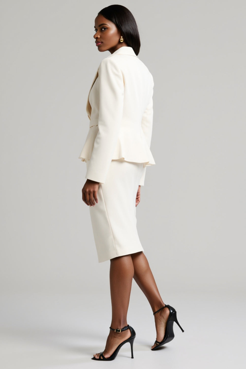 White Peak Lapel Long Sleeve 2 Piece Bodycon Midi Work Dress With Slit