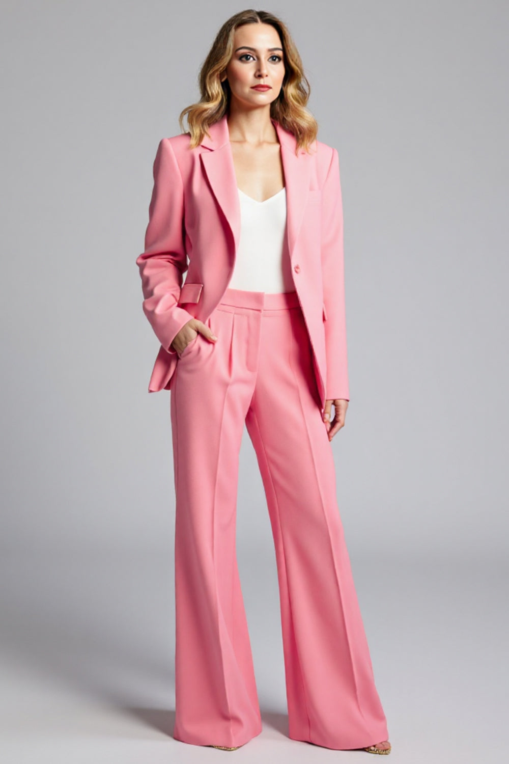 Notched Lapel Pink Long Sleeve 2 Piece Work Suit