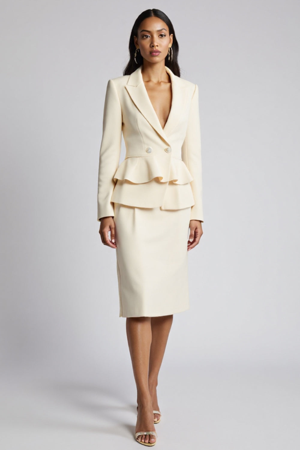 Ivory Bodycon Peaked Lapel 2 Pieces Ruffled Midi Work Dress