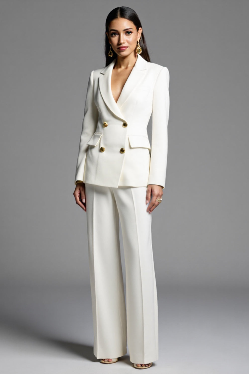 White 2 Piece Notched Lapel Double Breasted Work Suit
