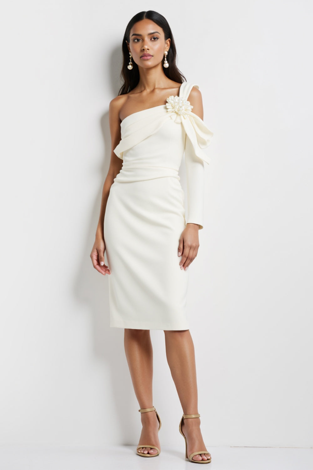 One Shoulder White Bodycon Midi Work Dress With 3D Flower