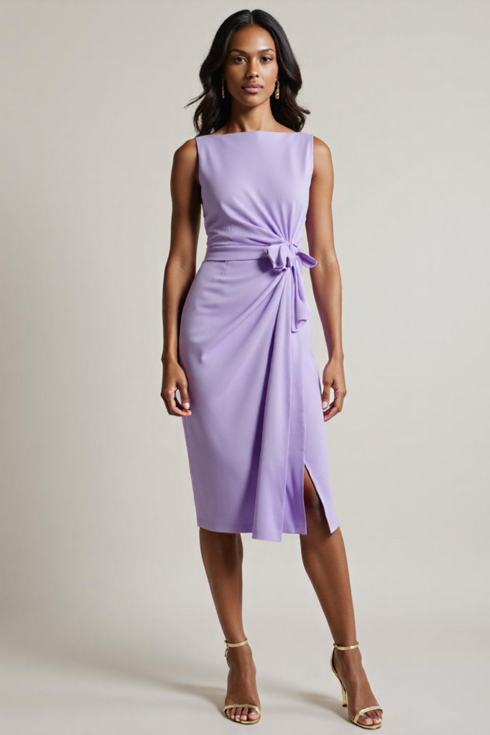 Purple Ruched Boat Neck Bodycon Midi Work Dress with Slit