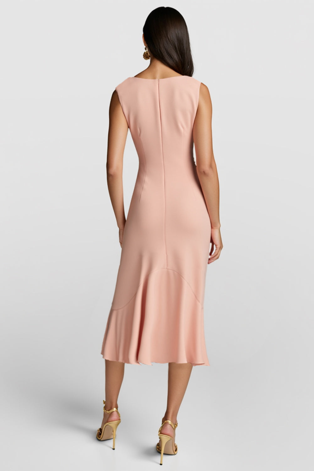 Blush Mermaid V Neck Midi Work Dress with Ruffles