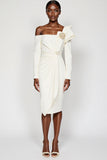 Sparkly White One Shoulder Long Sleeves Ruched Midi Work Dress with Rhinestone