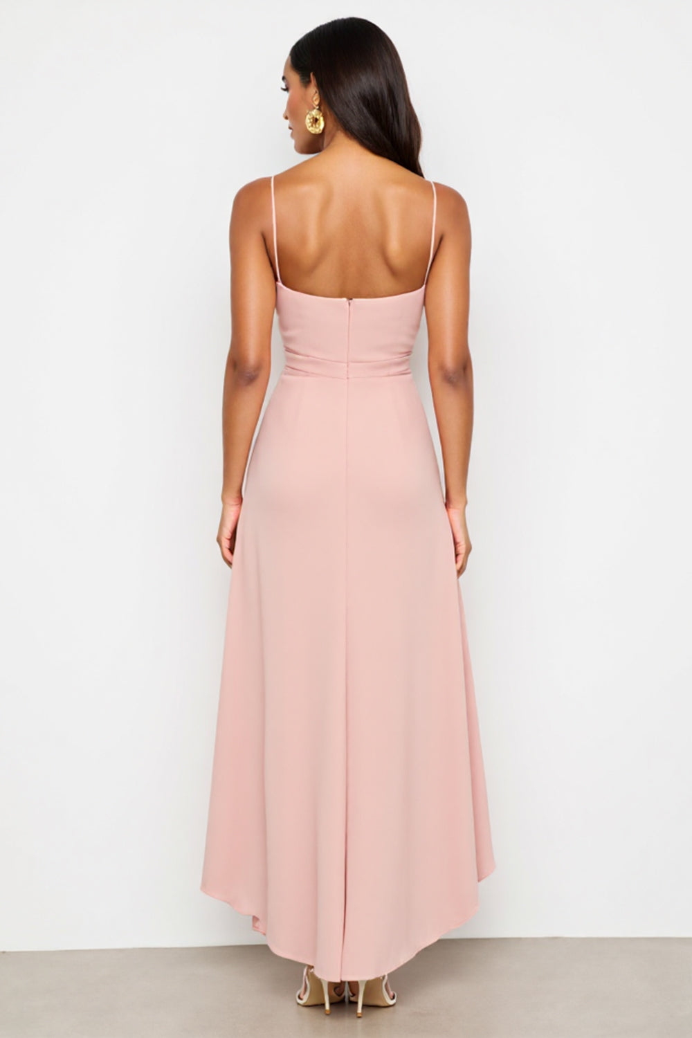 Ruched Blush Spaghetti Straps Sheath High Low Work Dress