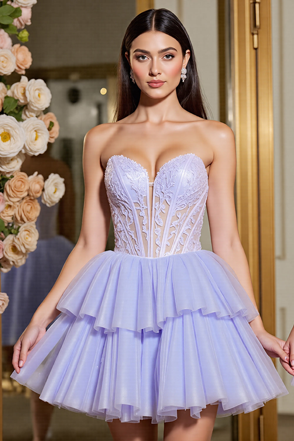 A Line Lavender Sweetheart Ruffled Corset Short Cocktail Dress