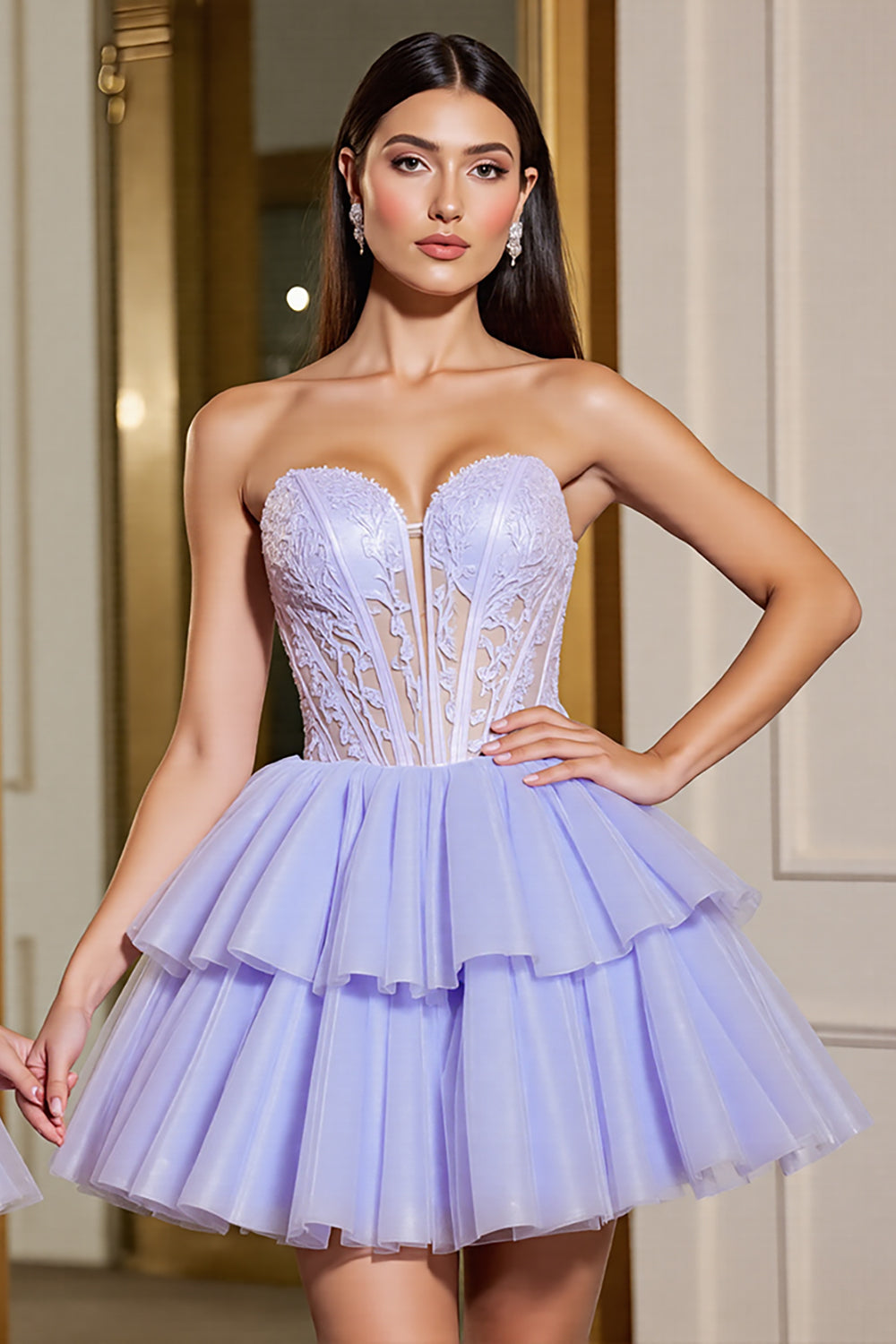 A Line Lavender Sweetheart Ruffled Corset Short Cocktail Dress