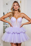 Corset Sweetheart A Line Tulle Ruffled Lavender Short Cocktail Dress