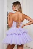 Corset Sweetheart A Line Tulle Ruffled Lavender Short Cocktail Dress