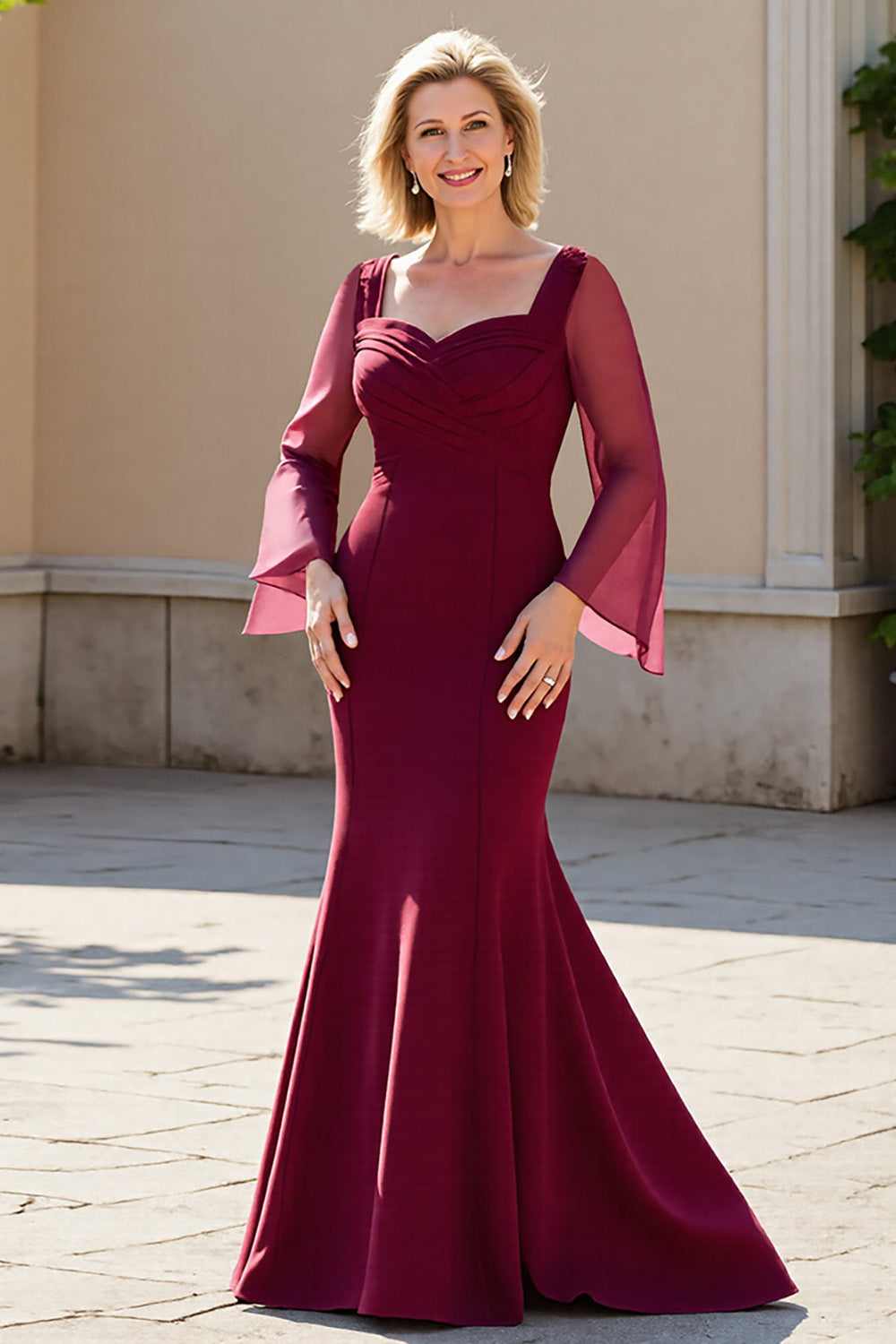 Burgundy Mermaid Chiffon Long Sleeves Mother of the Bride Dress