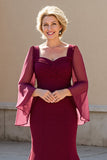 Burgundy Mermaid Chiffon Long Sleeves Mother of the Bride Dress