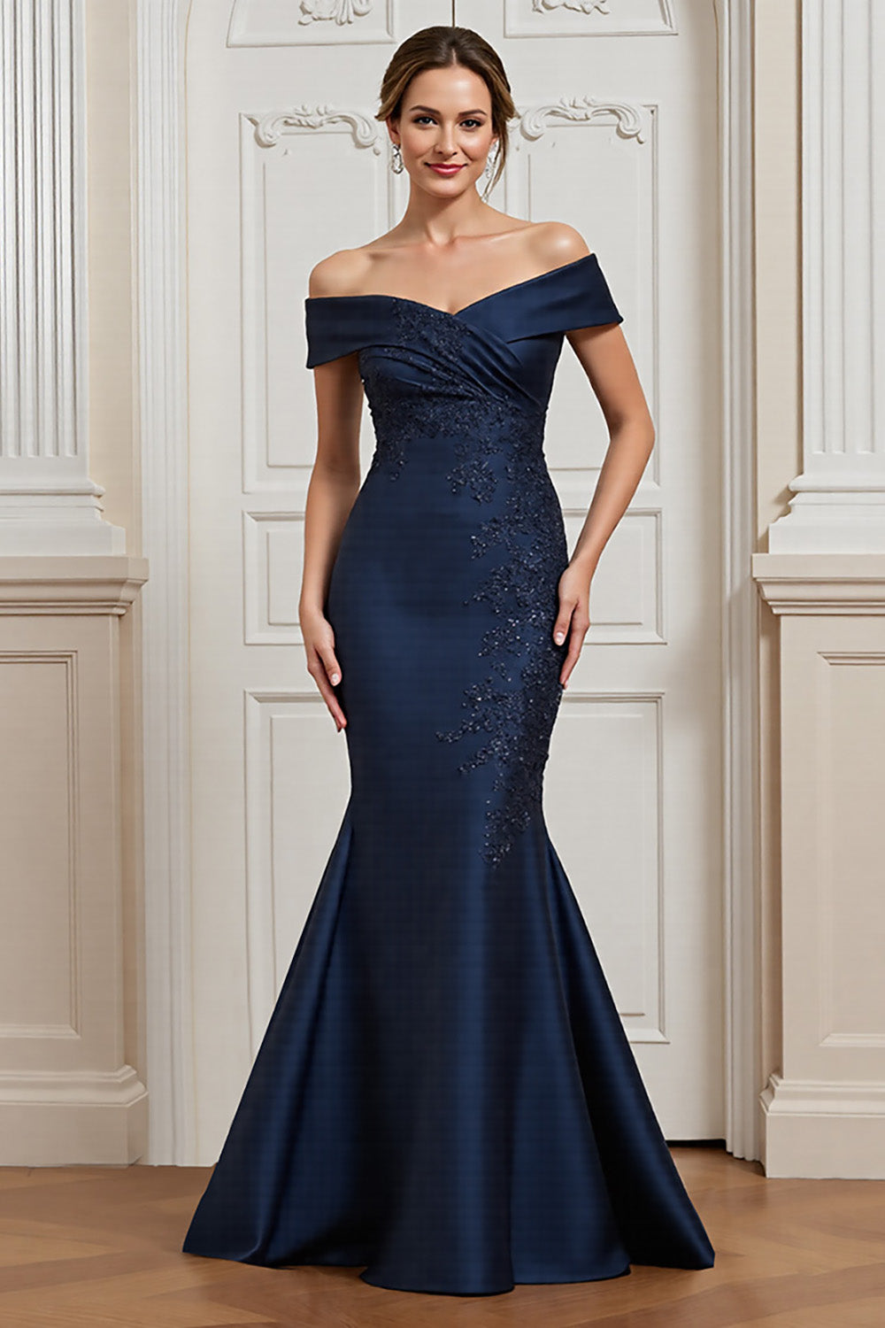 Off the Shoulder Mermaid Navy Long Mother of the Bride Dress with Lace