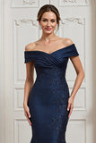 Off the Shoulder Mermaid Navy Long Mother of the Bride Dress with Lace
