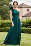 Pine One Shoulder A Line Long Mother of the Bride Dress with 3D Flowers