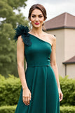 Pine One Shoulder A Line Long Mother of the Bride Dress with 3D Flowers