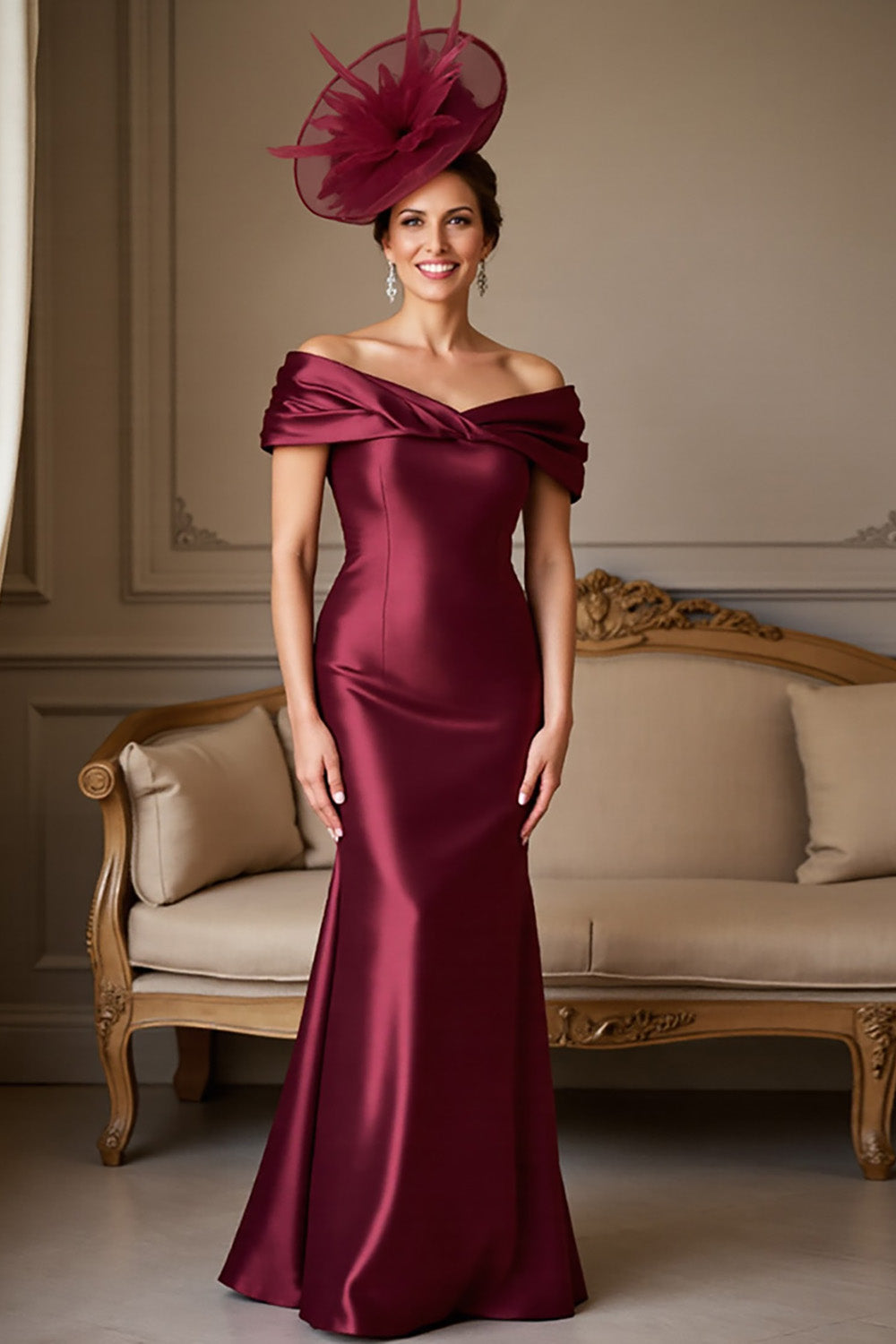 Burgundy Satin Mermaid Off the Shoulder Long Mother of the Bride Dress