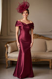 Burgundy Satin Mermaid Off the Shoulder Long Mother of the Bride Dress