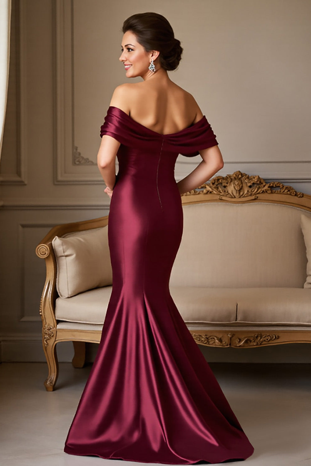 Burgundy Satin Mermaid Off the Shoulder Long Mother of the Bride Dress