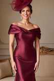 Burgundy Satin Mermaid Off the Shoulder Long Mother of the Bride Dress