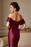 Burgundy Satin Mermaid Off the Shoulder Long Mother of the Bride Dress