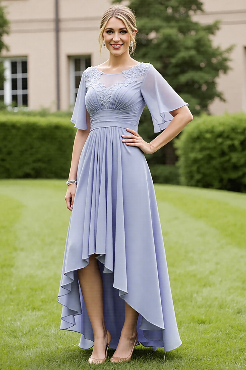Grey Blue Chiffon Appliqued Short Sleeves High Low Mother of the Bride Dress