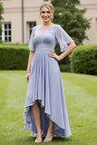 Grey Blue Chiffon Appliqued Short Sleeves High Low Mother of the Bride Dress